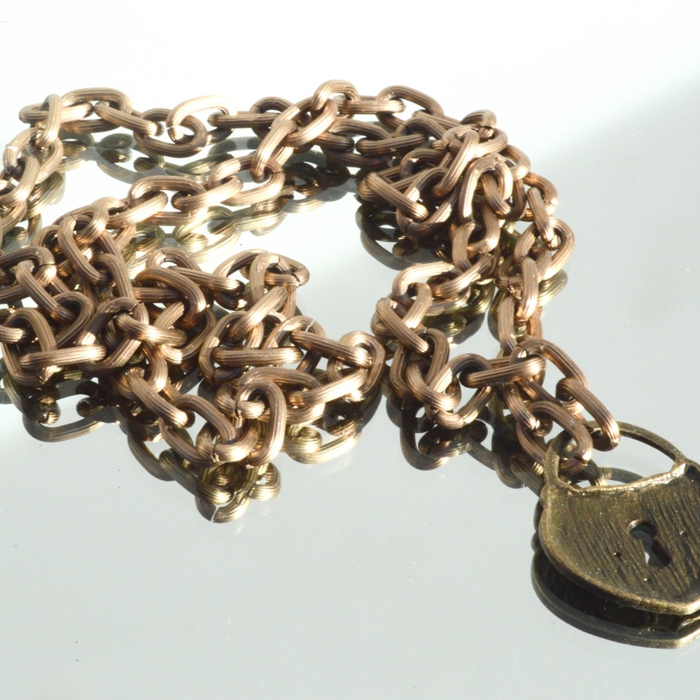 Heart Lock Pendant Necklace Brass Chain Long Cable - Picture 4 of 5